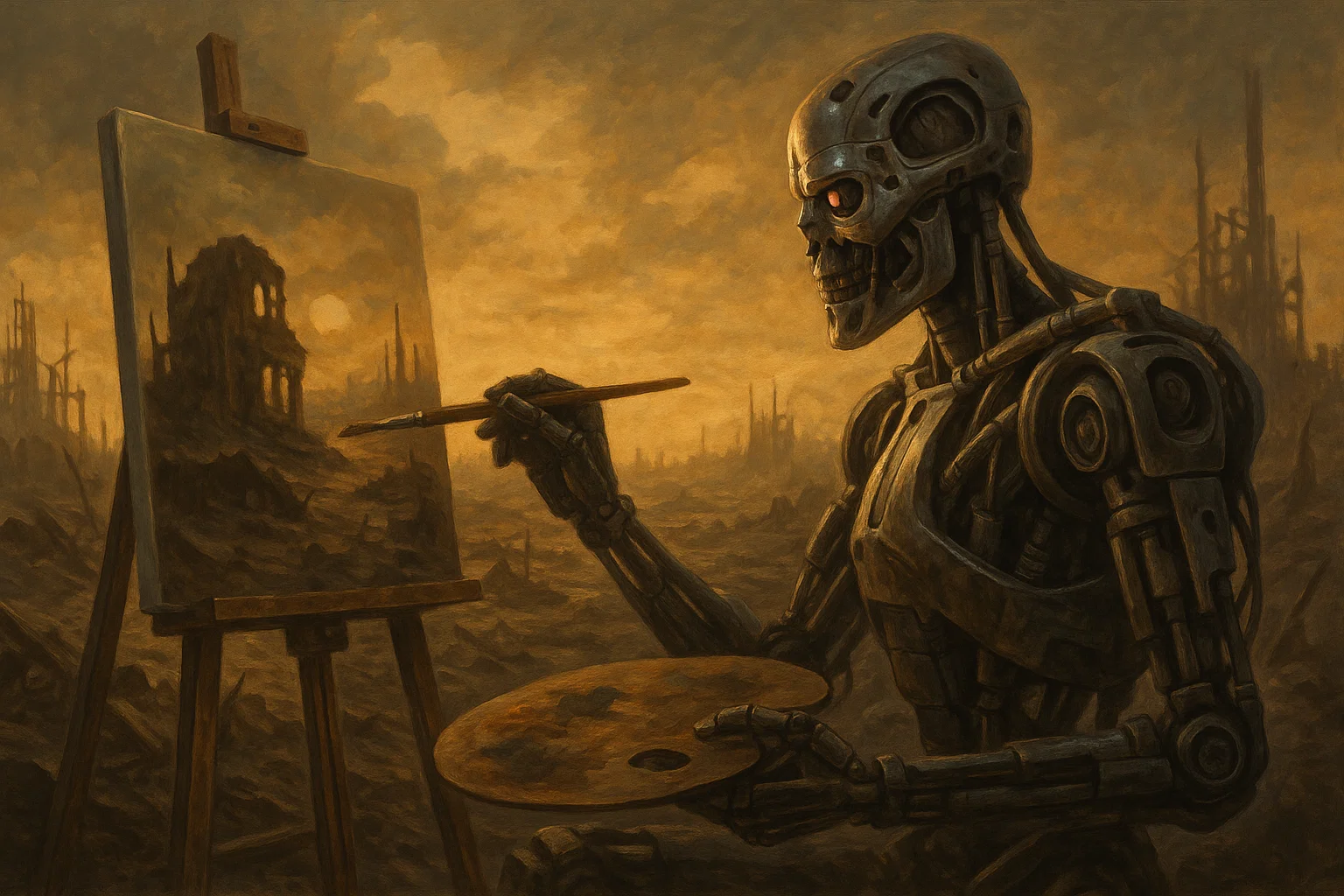 Robot painting a post holocaust city scape
